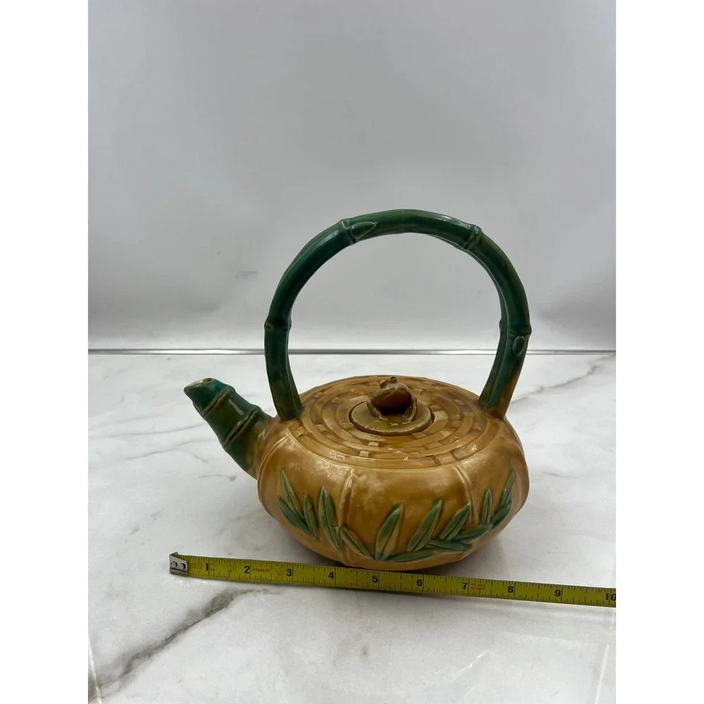 VTG Majolica Ceramic Teapot Bamboo Handle Frog Finial Yellow Green Decor